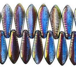10, 5x16mm Green AB Lazer Etched Dagger Beads with Bronze Leaf / Feather Pattern