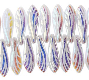10, 5x16mm White AB Lazer Etched Dagger Beads with White Wing Pattern