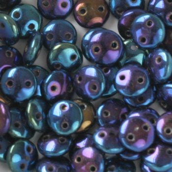 50 6mm Opaque Blue Iris Two Hole Glass Lentil Beads