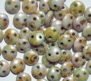 50 6mm Opaque Green Lustre Two Hole Glass Lentil Beads