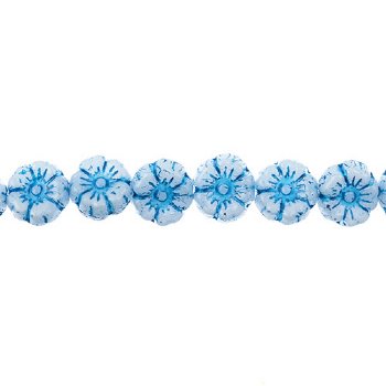 22, 9mm Dark Blue On Alabaster Czech Glass Pressed Flower Beads