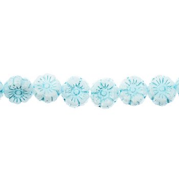 22, 9mm Light Blue On Alabaster Czech Glass Pressed Flower Beads