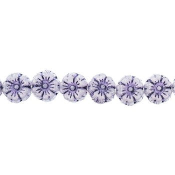 22, 9mm Purple On Alabaster Czech Glass Pressed Flower Beads