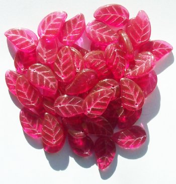 50 14mm Transparent Raspberry Glass Leaf Beads