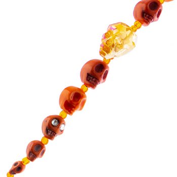 6.5 Inch Strand of Topaz / Orange Glass, Ceramic, and Howlite Skull Beads