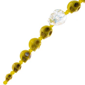 6.5 Inch Strand of Yellow / Jonquil Glass, Ceramic, and Howlite Skull Beads