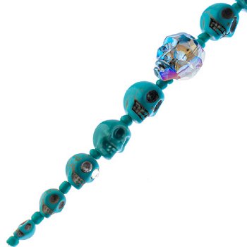 6.5 Inch Strand of Turquoise Blue Glass, Ceramic, and Howlite Skull Beads