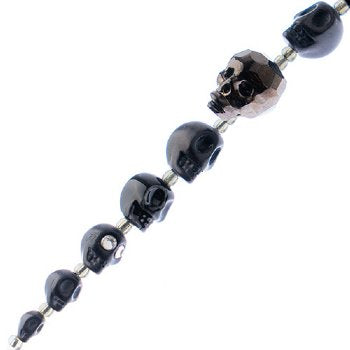 6.5 Inch Strand of Black Diamond Glass, Ceramic, and Howlite Skull Beads
