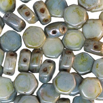 30, 6mm Patina Czech Glass Two Hole Hexx Beads