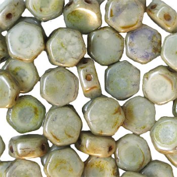 30, 6mm Pistachio Czech Glass Two Hole Hexx Beads