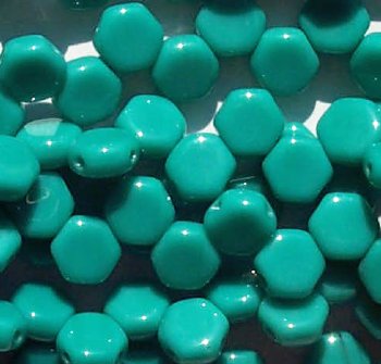 30, 6mm Opaque Green Turquoise Czech Glass Two Hole Honeycomb Beads