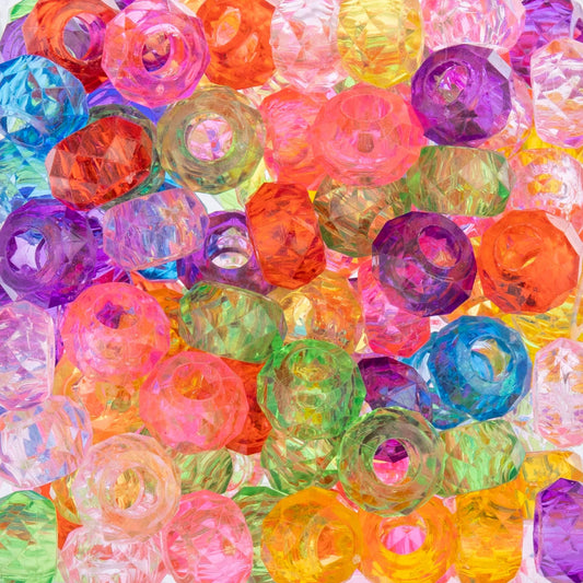 140pc, 9x14mm Transparent Multi Mix Faceted Large Hole Acrylic Crow / Spacer Beads