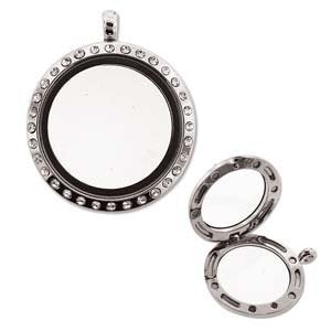 1, 25mm Round Silver And Rhinestone Floating Glass Locket