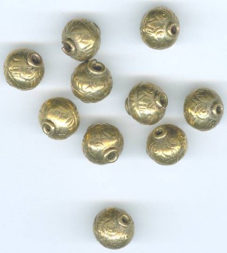 10 10x9.5mm Patterned Round Antique Brass Metal Beads
