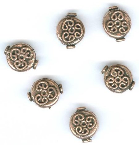 6 13x10x6mm Antique Copper Flat Oval Beads with Rope Swirl Pattern