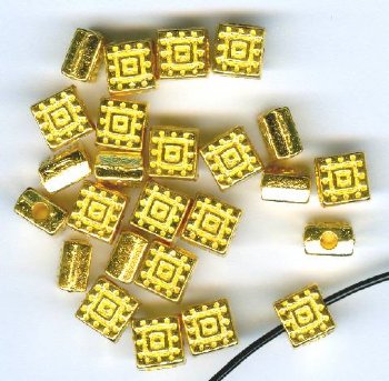 25 6x5mm Bright Gold Dotted Flat Square Metal Beads