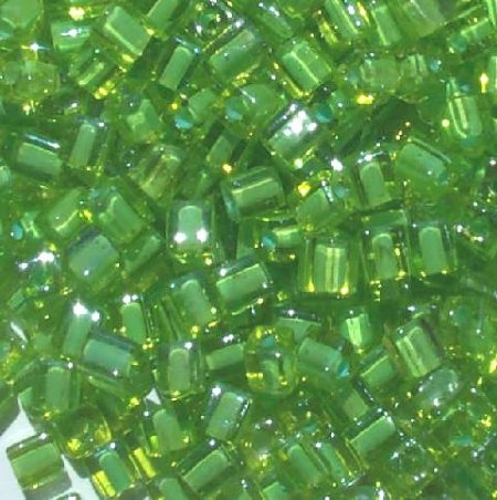 10 grams of 4x4mm Colorlined Lime Transparent Green Miyuki Cubes