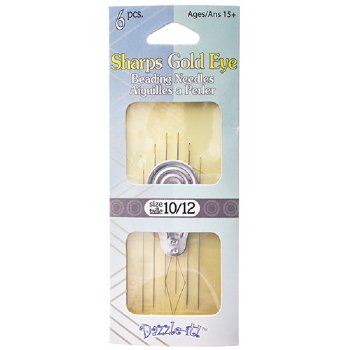 Pack of 6, #10 & #12 Sharps Gold Eyed Beading Needles