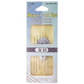 Pack of 6, #10 Sharps Gold Eyed Beading Needles