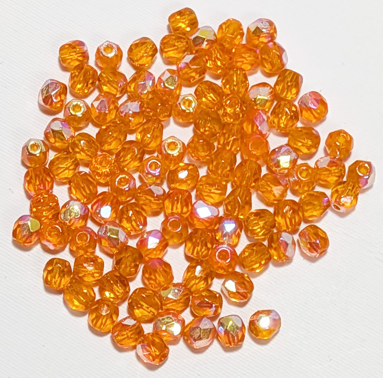 100 4mm Faceted Transparent Medium Orange AB Firepolish Beads