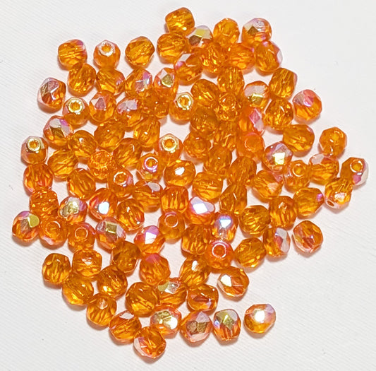 100 4mm Faceted Transparent Medium Orange AB Firepolish Beads