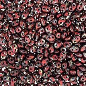 10 Grams Opaque Coral Red Picasso 2.5x5mm Superduo Beads