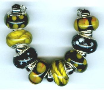 Strand of 8 13x9 Pandora Style Lampwork Beads -  Bee Hive Mix