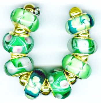 Strand of 8 13x9 Large Hole Lampwork Beads - Gold and Green Mix