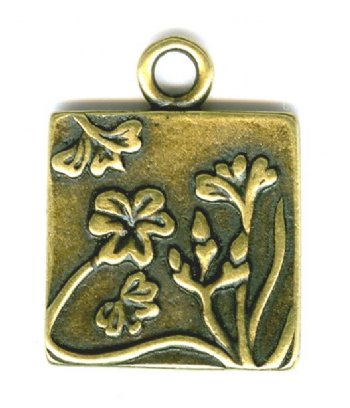 1 16mm Square Antique Brass Flower and Leaf Pendant