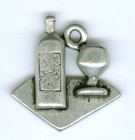 1 18x17mm Antique Silver Tray with Wine Glass and Bottle Pendant