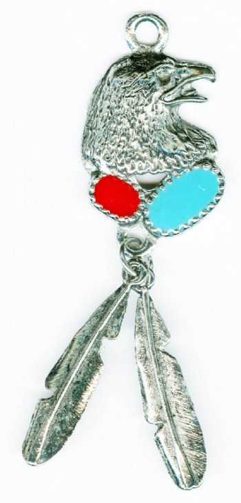 1 72x23mm Antique Silver Eagle Head Pendant With Stones and Feathers