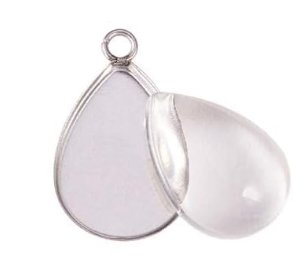 Set of 2, 17x10mm Antique Silver Teardrop Bezel Pendant with Glass Cabochon