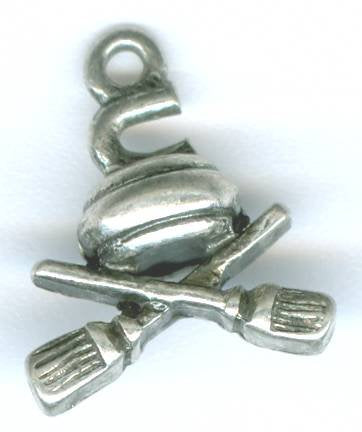 1 17x13mm Antique Silver Curling Rock & Broom Pendant