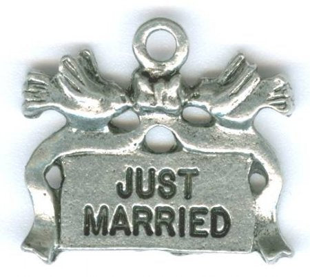 1 16mm Antique Silver Just Married with Doves Pendant
