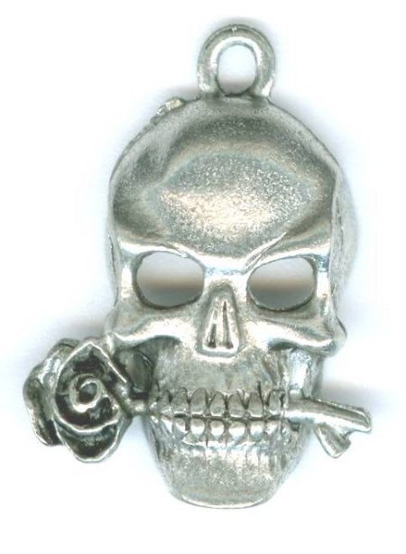 1 24x18mm Antique Silver Skull with Rose Pendant