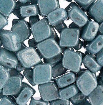 20, 10x8mm Chalk White Dark Blue Lustre Two Hole Glass Rhombus Beads