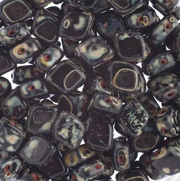 20, 10x8mm Opaque Black Travertine Two Hole Glass Rhombus Beads