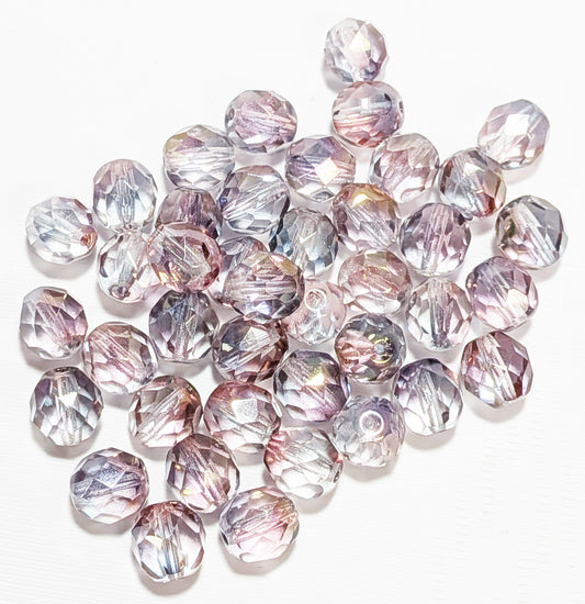 25, 8mm Faceted Transparent Crystal Rose Grey Lustre Firepolish Beads