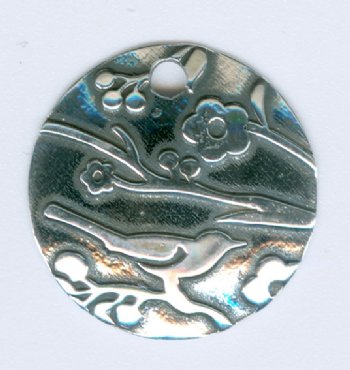 1, 19mm Round Sterling Silver Domed Pendant with Bird and Branch Pattern