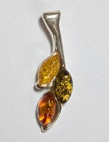 1 27x8mm Three Stone Leaf Multi Baltic Amber Sterling Pendant