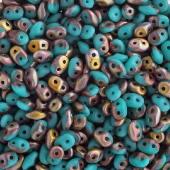 DUO-27171 10 Grams Matte Opaque Turquoise and Capri Gold 2.5x5mm Superduo Beads