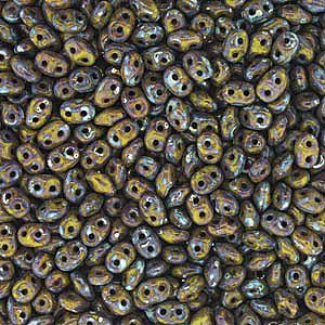 DUO553410 - 10 Grams Opaque Green Picasso 2.5x5mm Superduo Beads