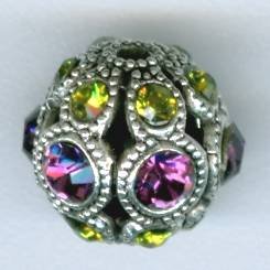 1 8mm Swarovski Encrusted Round Filigree Bead - Antique Silver with Amethyst and Olivine