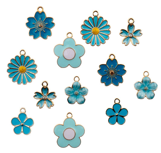 Set of 12, Sweet and Petite Blue Bouquet Flower Charms
