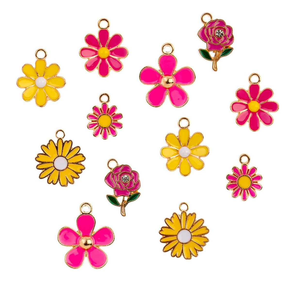 Set of 12, Sweet and Petite Yellow / Hot Pink Bouquet Flower Charms