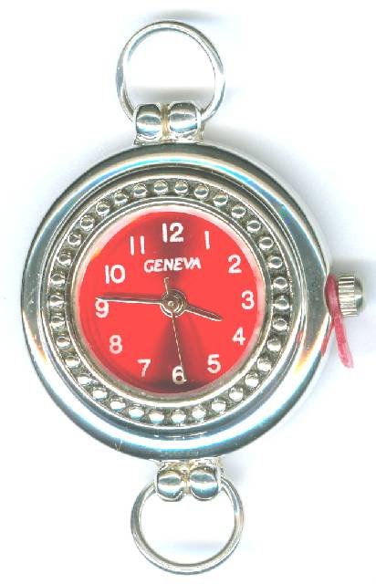 1 31x25mm Round Watch Two Loop Silver Tone with Red Face