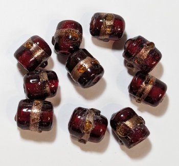 10 10x8mm Transparent Garnet and Gold Band Lampwork Barrel Beads