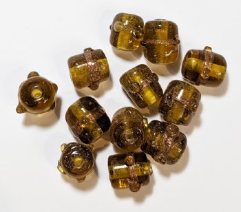 10 10x8mm Transparent Goldend Topaz and Gold Band Lampwork Barrel Beads