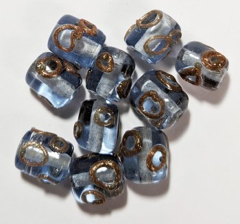 10 10x8mm Transparent Light Sapphire and Gold Circle Lampwork Barrel Beads
