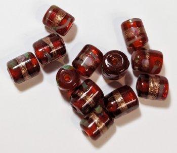 10 10x8mm Transparent Red and Gold Lampwork Barrel Beads